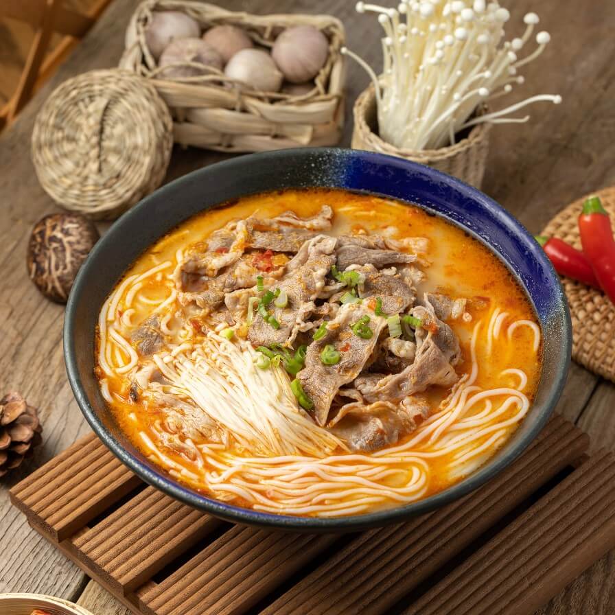 Spicy & Sour Rice Noodle Soup With Beef & Enoki Mushroom